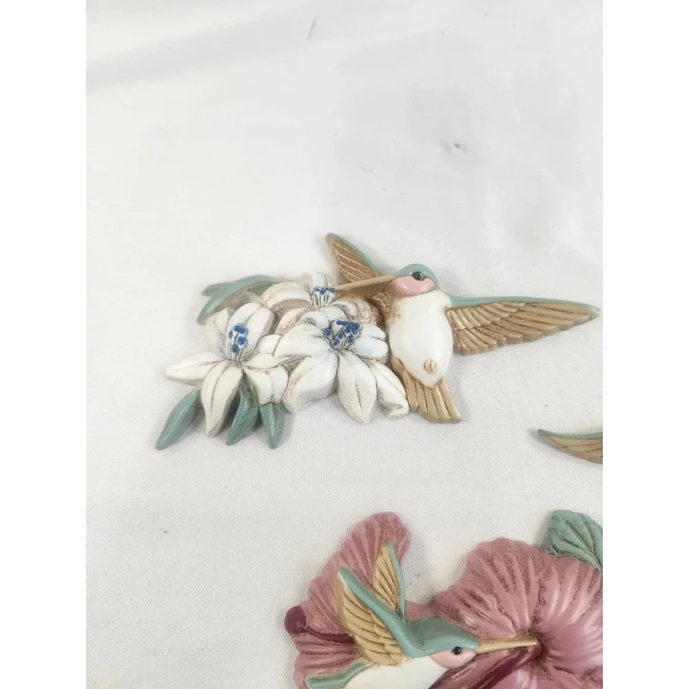Vintage Burwood Hummingbird Floral Wall Plaques Set of 3 Pink White 1993 3303